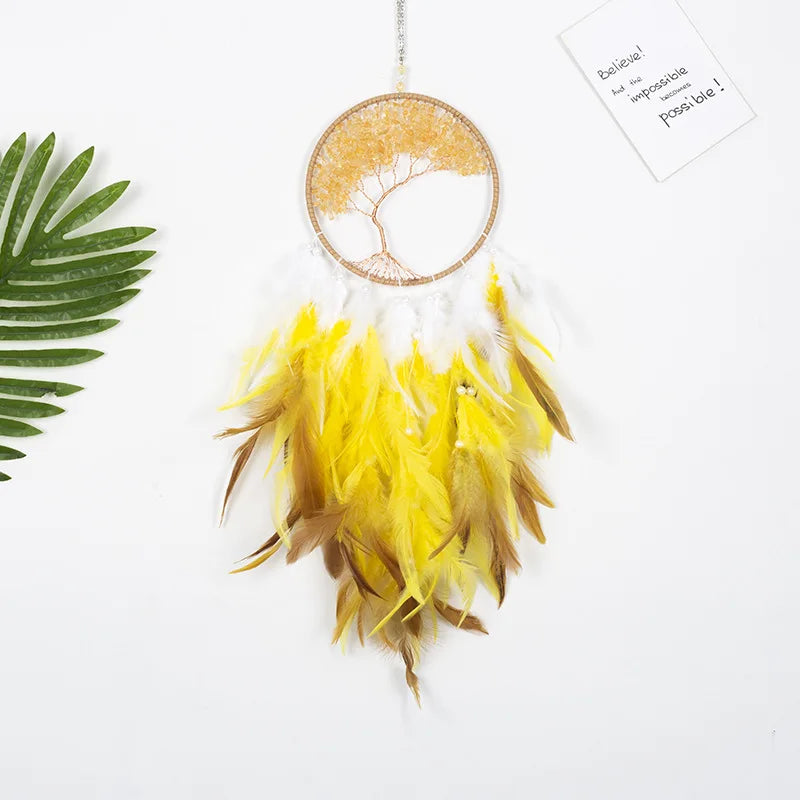 Tree of Life Large Dream Catcher Fairy Feathers with Natural Stone Healing Crystal Handmade Dreamcatcher Hanging Ornament Decor 