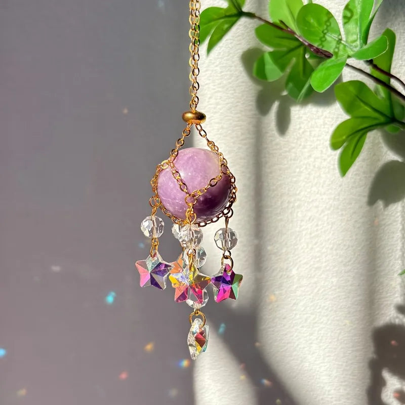 1pc Natural Stone Crystal Woven Suncatcher Hanging Window Garden Home Decoration 