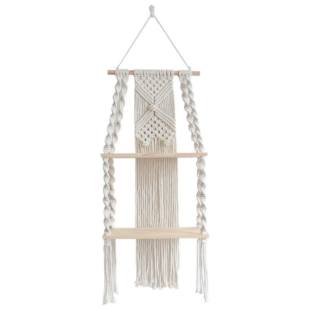 Macrame Wall Hanging Shelf Boho Home Decor Wood Decoration for Bedroom Living Room 