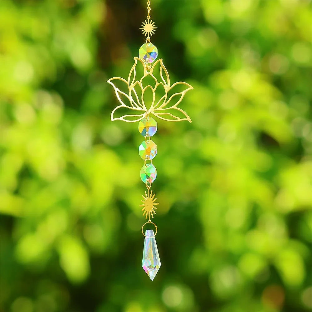 Golden or Silver Lotus Suncatcher Crystal Home Garden Decor Pendant Gift 