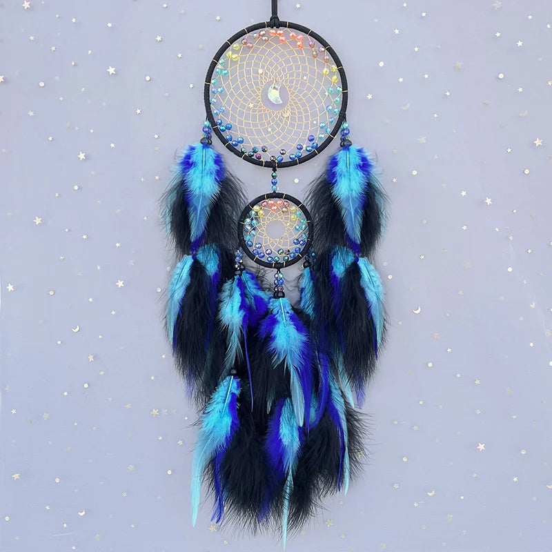 Blue Feather, Rainbow Beads, Dream Catcher, Hanging Ornaments, Home Decoration 