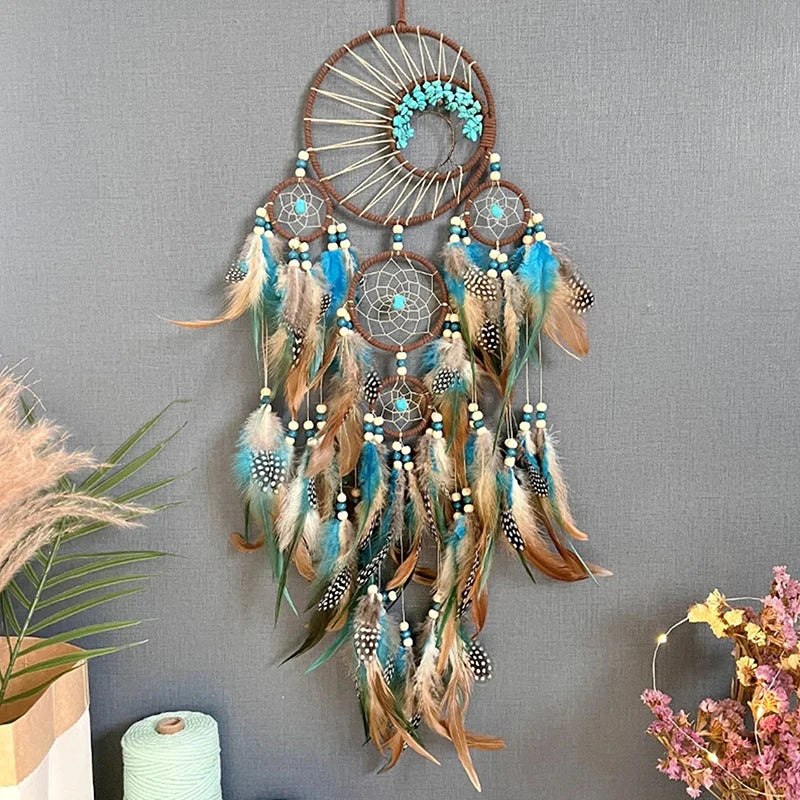 Turquoise and Tan Dream Catcher, Feather Hanging Ornament, Home Decor 