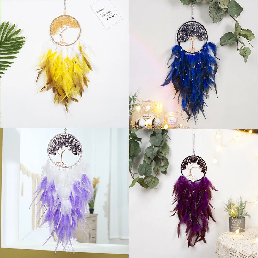 Tree of Life Large Dream Catcher Fairy Feathers with Natural Stone Healing Crystal Handmade Dreamcatcher Hanging Ornament Decor 