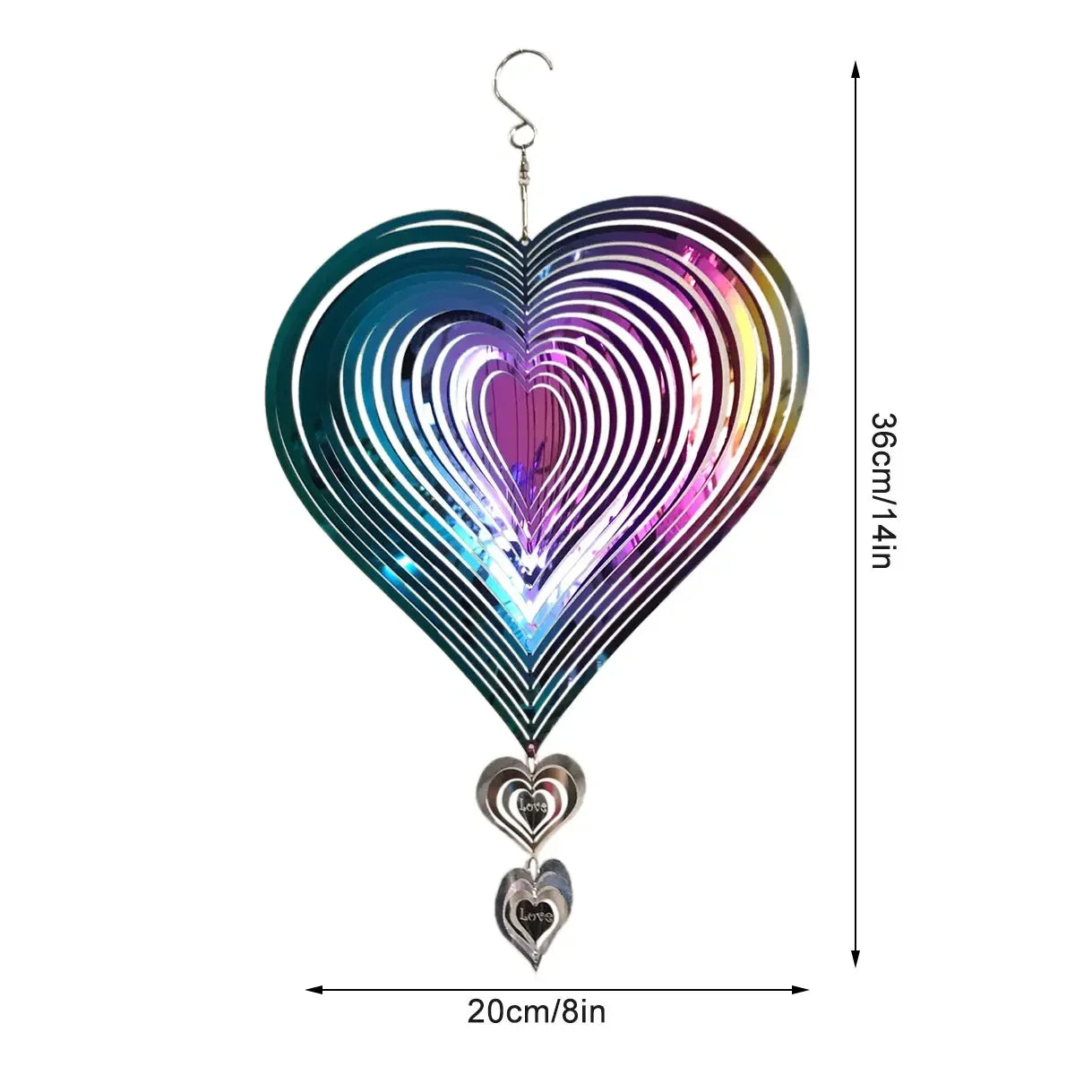 Metalic Heart Color Wind Spinner, Stainless Steel, 3D Outdoor Garden Yard 