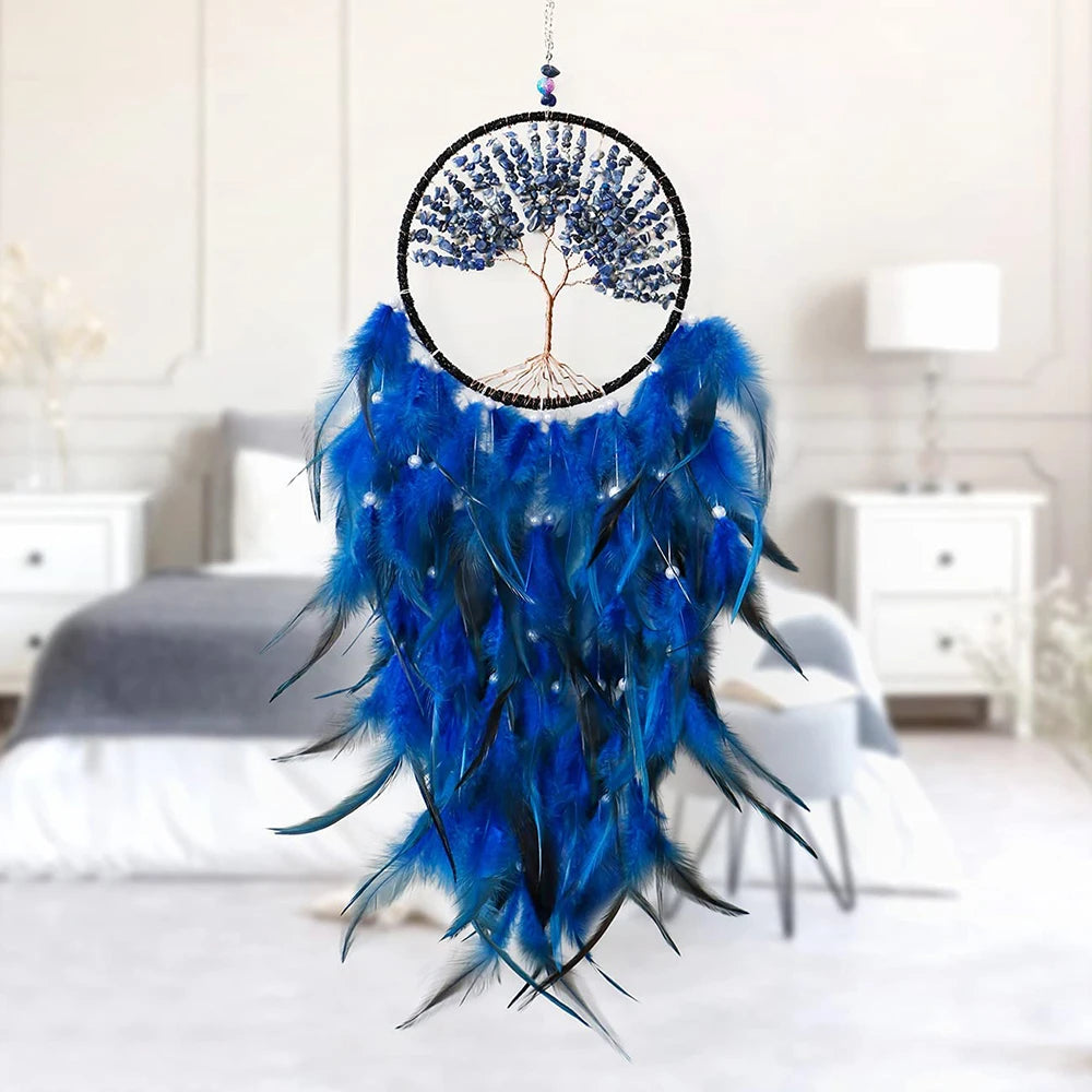 Tree of Life Large Dream Catcher Fairy Feathers with Natural Stone Healing Crystal Handmade Dreamcatcher Hanging Ornament Decor 
