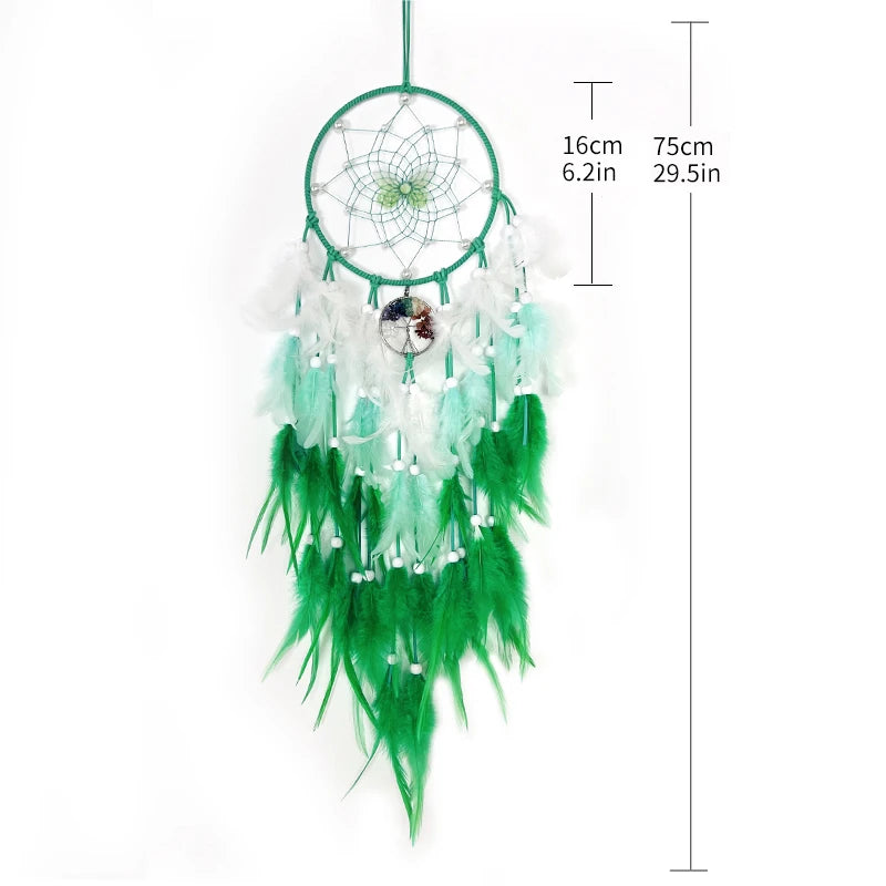 Green Dream Catcher Butterfly with Crystal Tree of Life, Colorful Feather, Home Decor 