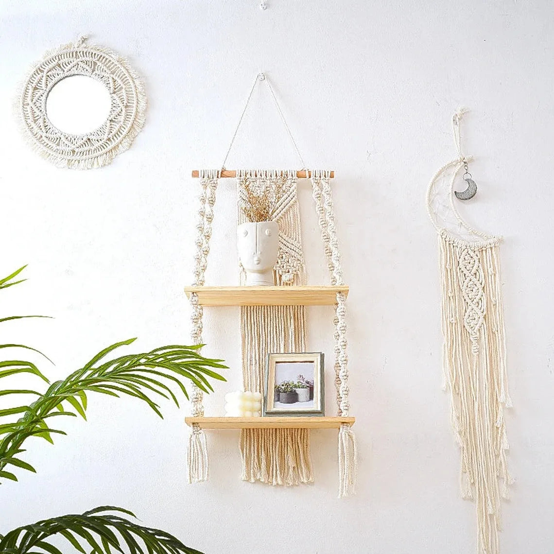 Macrame Wall Hanging Shelf Boho Home Decor Wood Decoration for Bedroom Living Room 
