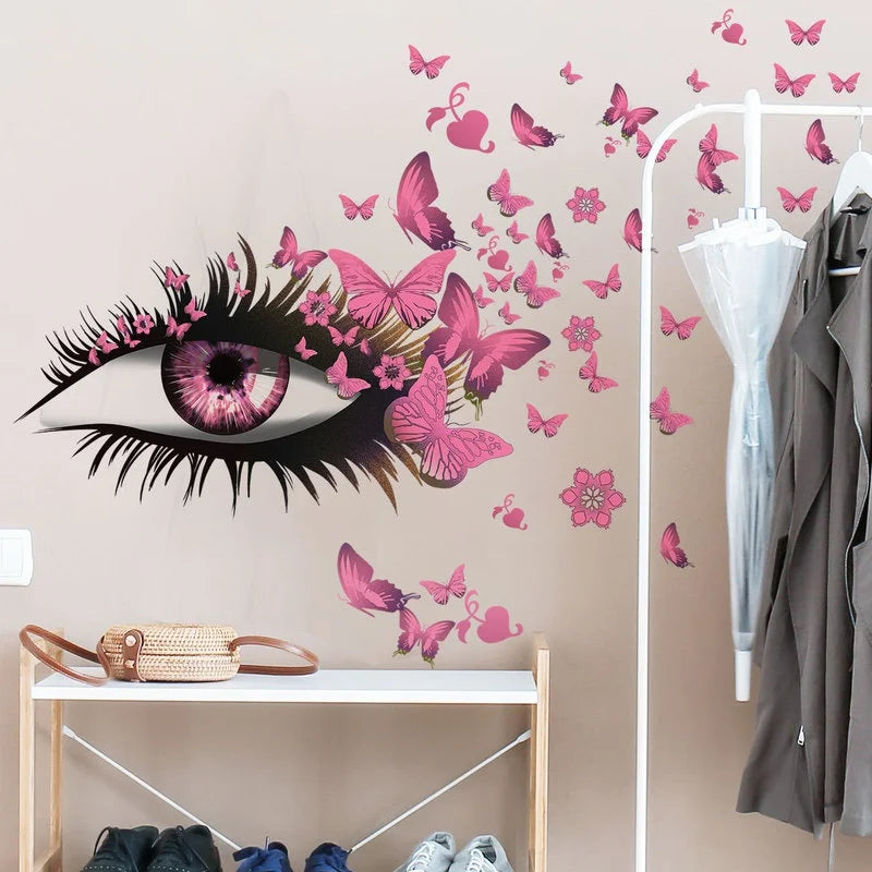 Buterfly Girl Eyes Wall Sticker Flying Butterfly Wall Decals Whimsical Decoration 