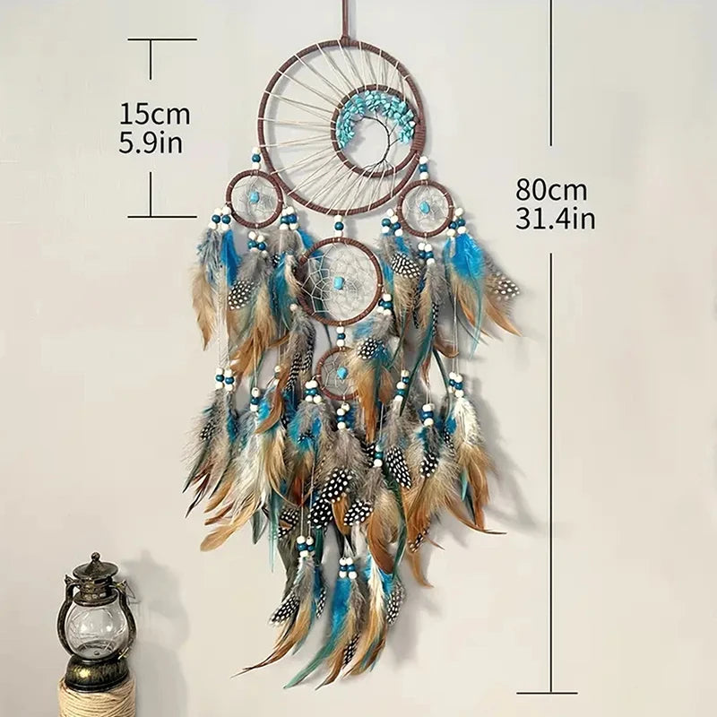 Turquoise and Tan Dream Catcher, Feather Hanging Ornament, Home Decor 