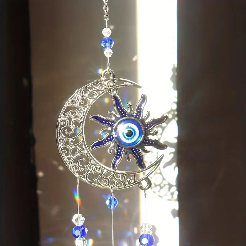Crystal Blue Evil Eye Moon and Sun Suncatcher, Home Decor, Prism 