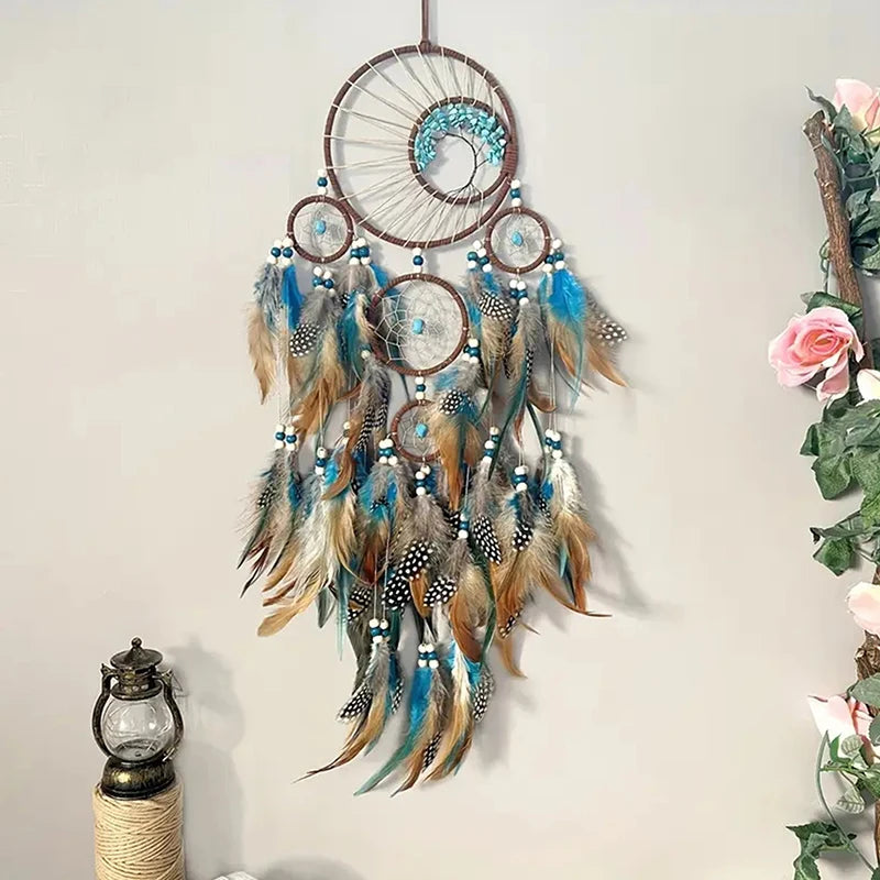 Turquoise and Tan Dream Catcher, Feather Hanging Ornament, Home Decor 