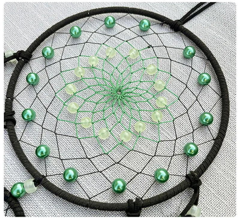 Dream Catcher With Bright Beads and Green Feathers Wall Decoration 