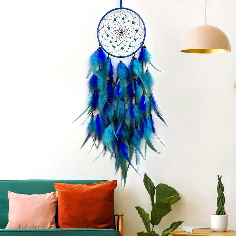 Beautiful Blue Dream Catcher, Long Feathers, Home Wall Decoration 